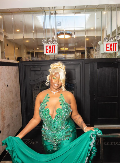 Gorgeous Mermaid V Neck Green Beaded Satin Long Sweep Prom Dress Evening Dress SH2175