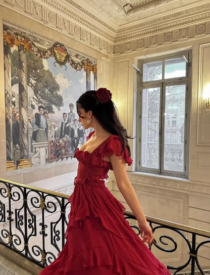 Burgundy A Line Straps Ruffle Chiffon Satin Prom Dress Evening Dress SH2258