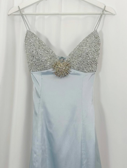 Baby Blue A Line Spaghetti Strap Sequin Satin Long Prom Dress Gown Dress SH3590