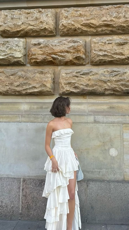 Strapless Satin Layered Evening Dresses Wed Dress Formal Gown