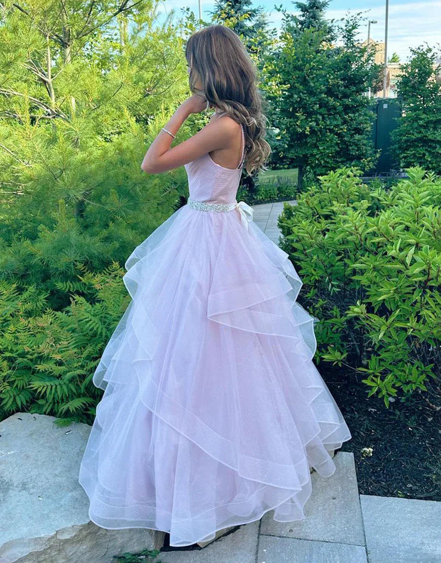 Light Pink A Line V-neck Ruffled Tulle Prom Dress With Belt SH1702