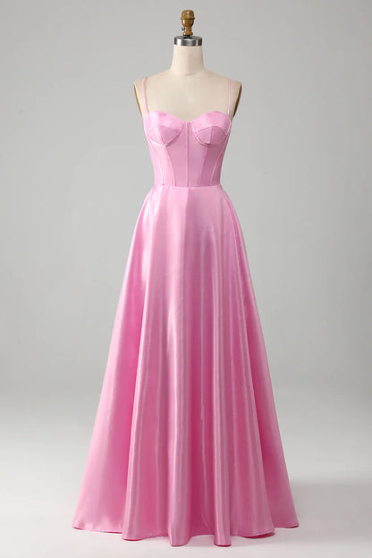 Simple A Line Spaghetti Straps Pink Satin Corset Prom Dress Evening Dress SH1658