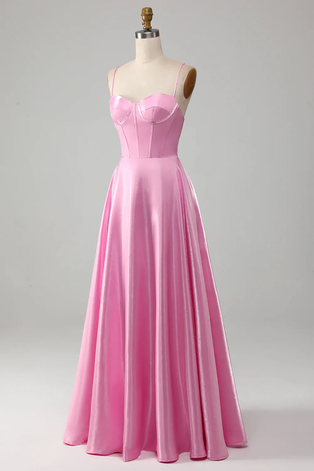 Simple A Line Spaghetti Straps Pink Satin Corset Prom Dress Evening Dress SH1658
