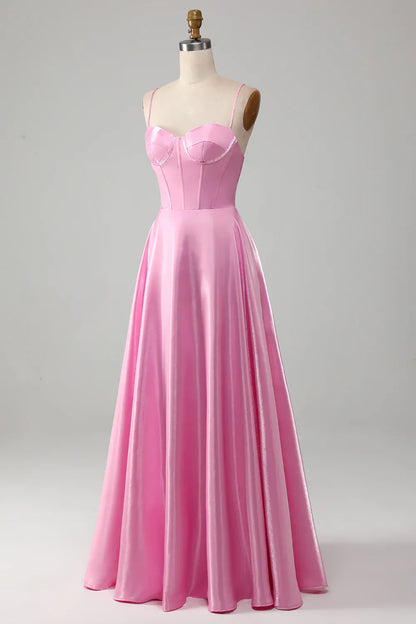 Simple A Line Spaghetti Straps Pink Satin Corset Prom Dress Evening Dress SH1658