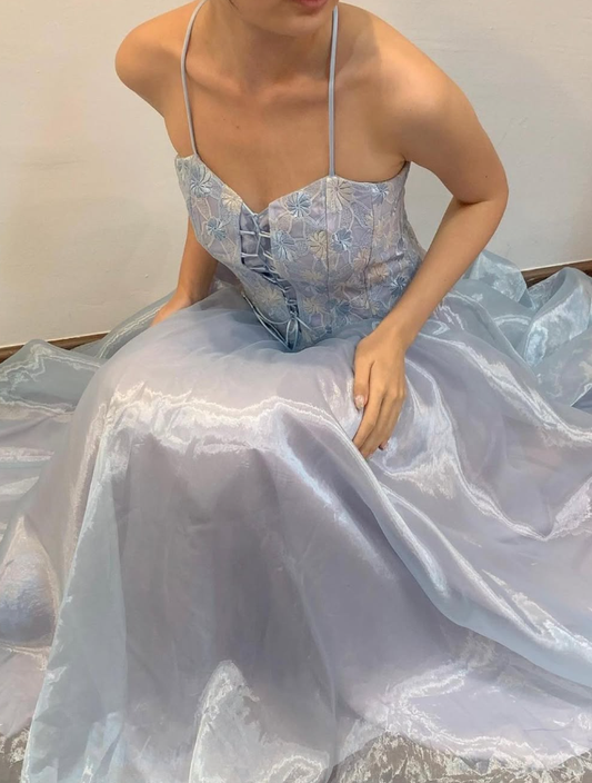 Blue A Line Spaghetti Strap Embroidered Tulle Satin Prom Dress Evening Dress SH2042