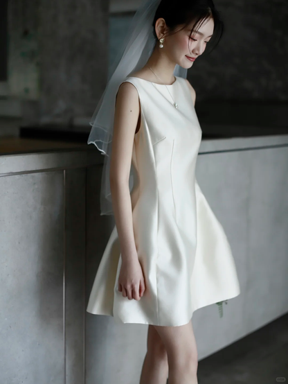 Simple A Line Round Neck Pearl White Satin Short Homecoming Dress Birthday Dress SH3155