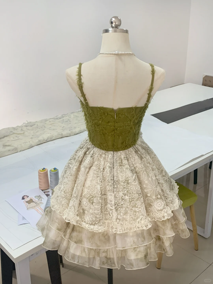 Unique Spaghetti Strap Olive Green Lace A Line Homecoming Dress Short Prom Dress S894