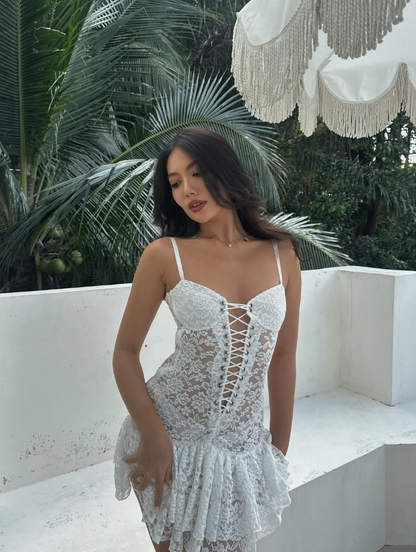 Sexy A Line Spaghetti Strap White Lace Short Homecoming Dress Birthday Dress SH2108