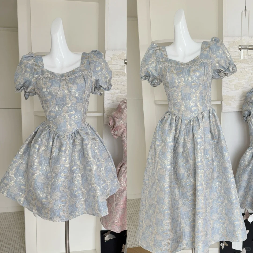 Cute Satin Print Floral Short Sleeves A Line Birthday Outfits Blue Homecoming Dress S403