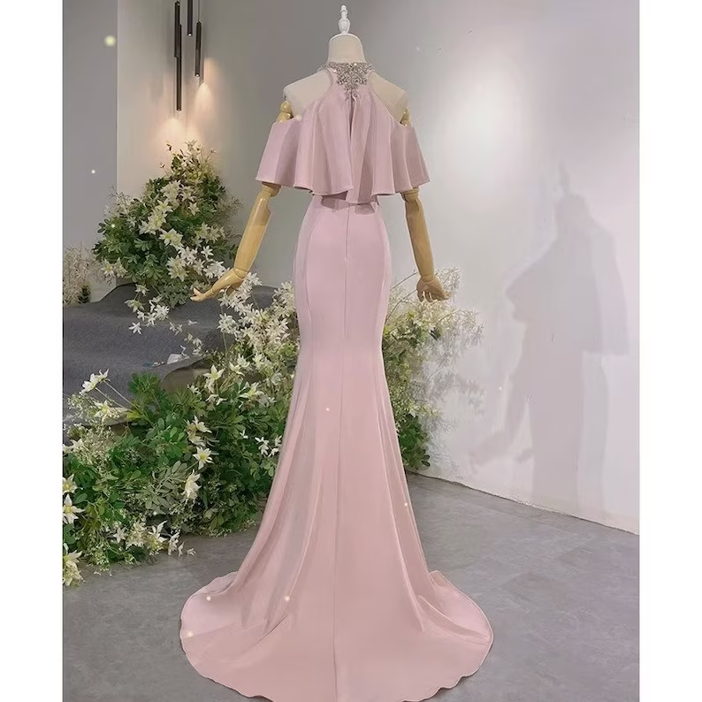 Pink Vintage Off The Shoulder Long Mermaid Prom Dressï¼_legant Evening Dress SH642