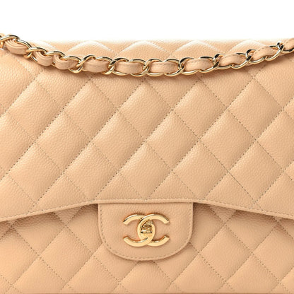 CHANEL Caviar Quilted Jumbo Double Flap Light Beige