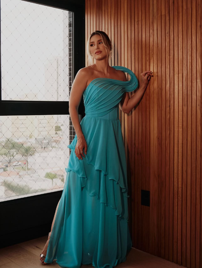 Unique A Line One Shoulder Blue Chiffon Long Prom Dress Evening Dress SH2504