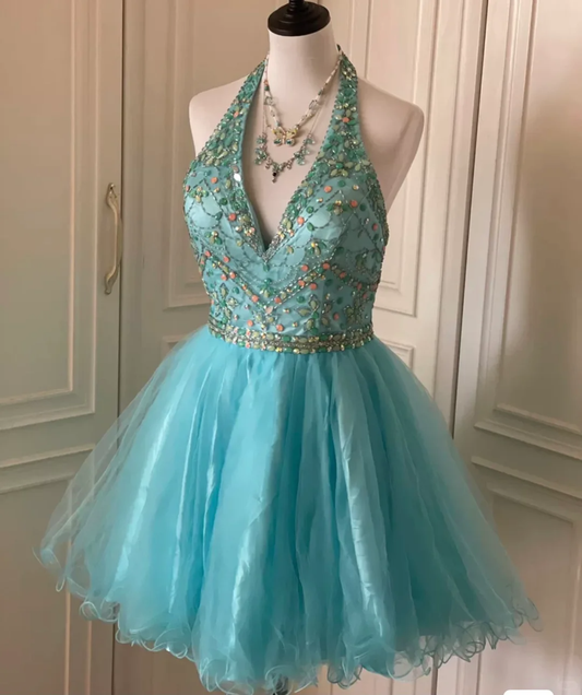 Vintage Blue Tulle Beaded Sleeveless A Line Birthday Dress Homecoming Dress S541