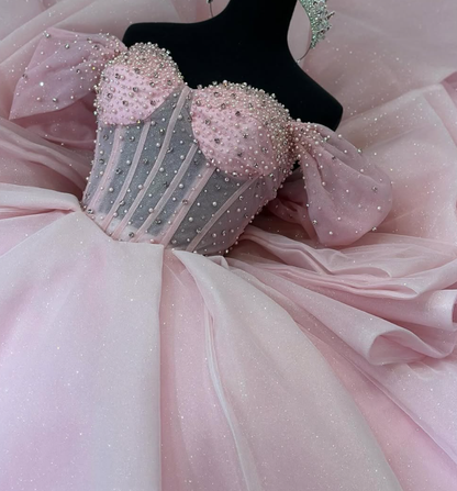 Pink Off the Shoulder Beaded Pearl Tulle Long Prom Dress Quinceanera Dress Ball Gown SH2242
