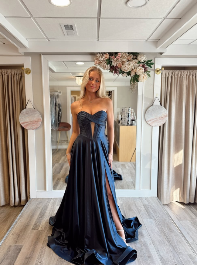 Elegant A Line Sweetheart Neck Navy Blue Satin Long Prom Dress Evening Dress SH2315