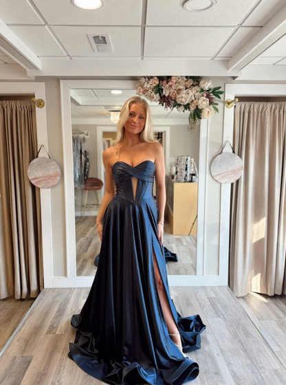 Elegant A Line Sweetheart Neck Navy Blue Satin Long Prom Dress Evening Dress SH2315