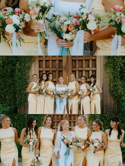 Backless A Line Round Neck Light Yellow Satin Long Bridesmaid Dress Evening Dress with Slit SH3274