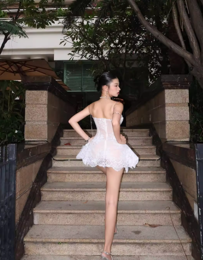 Cute A Line Spaghetti Strap White Lace Short Homecoming Dress Cocktail Dress SH3110