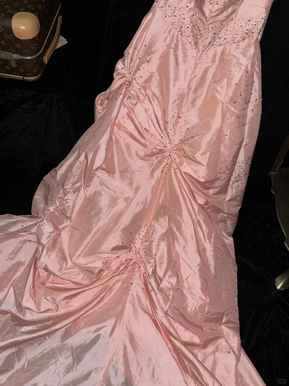 Princess A Line Sweetheart Neck Beaded Pink Satin Prom Dress Evening Dress SH3181