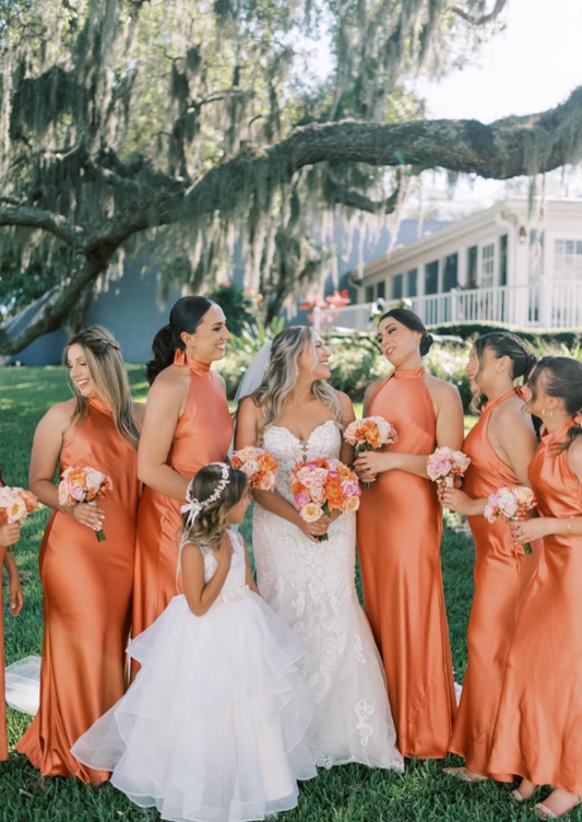 Elegant Sheath Halter Orange Satin Open Back Long Bridesmaid Dress Graduation Prom Dress SH2593