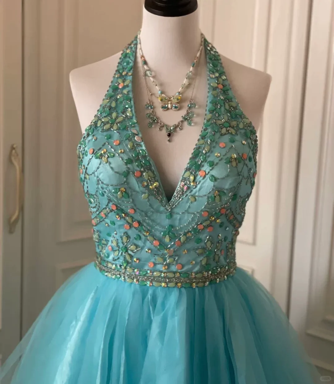 Vintage Blue Tulle Beaded Sleeveless A Line Birthday Dress Homecoming Dress S541