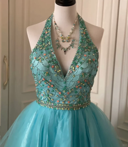 Vintage Blue Tulle Beaded Sleeveless A Line Birthday Dress Homecoming Dress S541