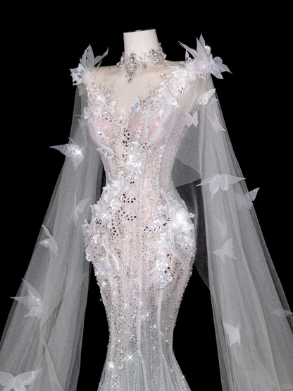 Butterfly Exquisite Flowy Mermaid Beaded Sequin White Tulle Long Prom Dress Party Dress SH3493