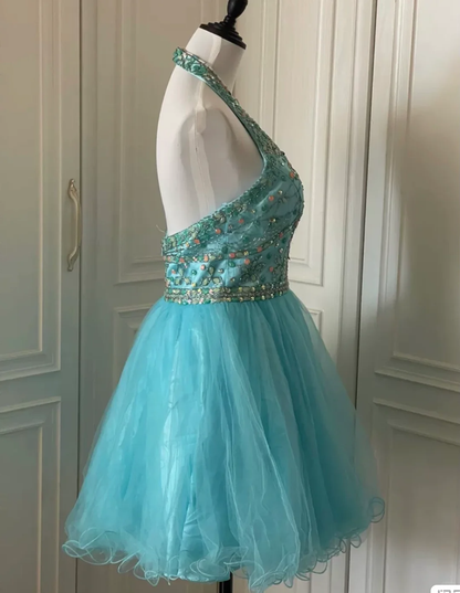 Vintage Blue Tulle Beaded Sleeveless A Line Birthday Dress Homecoming Dress S541