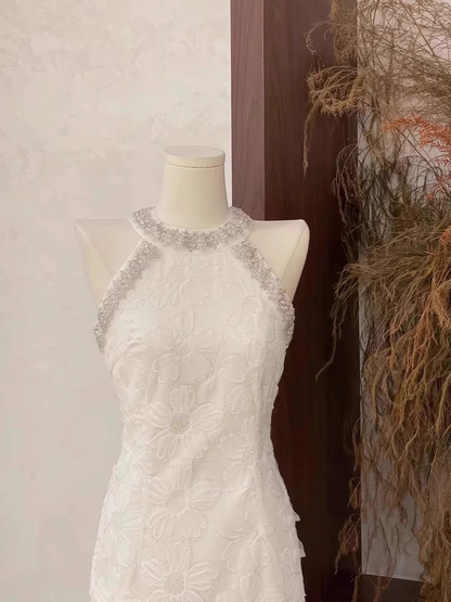 Classy White Three-Dimensional Flower Round Neck Sleeveless Halter Short Party Dress Birthday Outfits S244