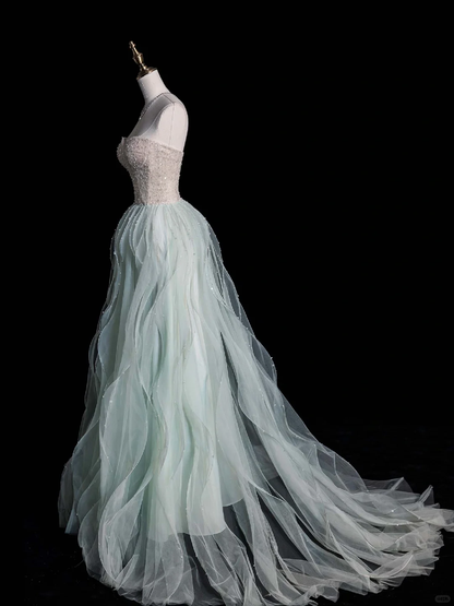 Elegant A Line Sweetheart Neck Sequin Beaded Mint Green Tulle Prom Dress Graduation Prom Dress SH2474
