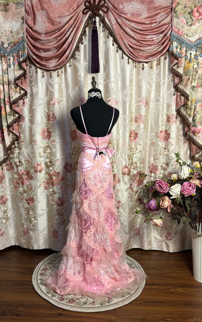 Vintage Pink A Line One Spaghetti Strap Lace Beaded Satin Long Prom Dress Evening Dress SH3735