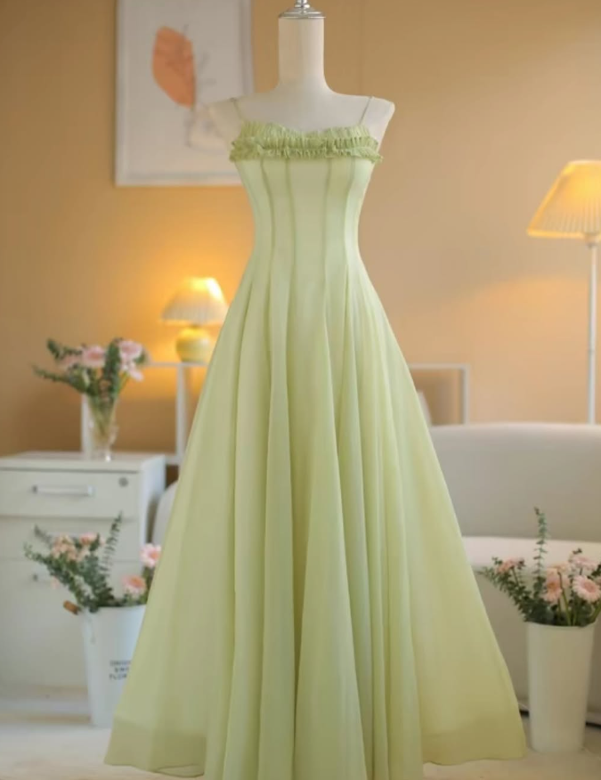 Gentle A Line Spaghetti Strap Green Chiffon Long Prom Dress Evening Dress SH2629