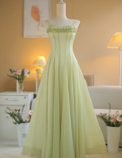 Gentle A Line Spaghetti Strap Green Chiffon Long Prom Dress Evening Dress SH2629