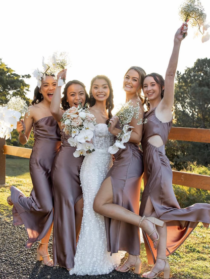 Simple Sheath One Shoulder Brown Satin Evening Dress Bridesmaid Dress with Slit SH2697