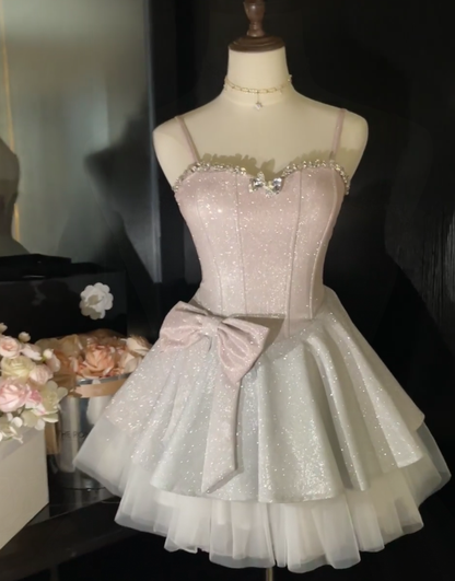 Glitter Spaghetti Straps Sweetheart Neck A Line Short Homecoming Dress Birthday Outfits S655