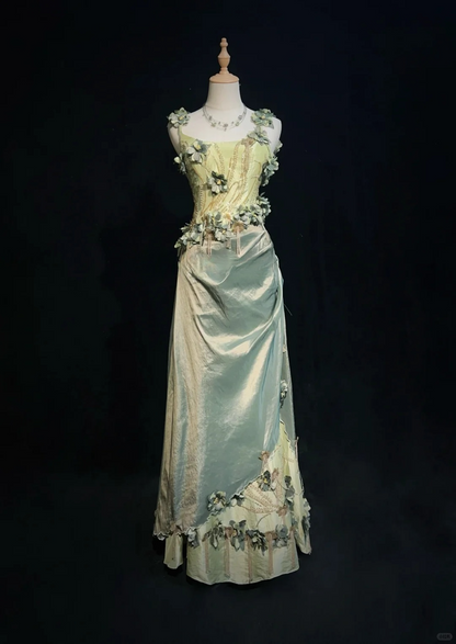 Vintage Green A Line Spaghetti Straps Beaded 3D Flower Satin Prom Dress Evening Dress SH3334