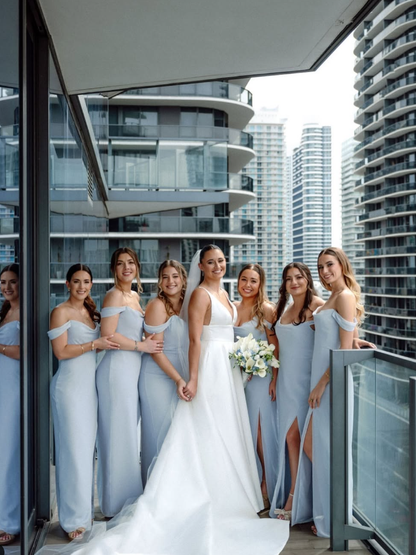 Gentle Sheath Off the Shoulder Blue Chiffon Long Prom Dress Bridesmaid Dress with Slit SH2615