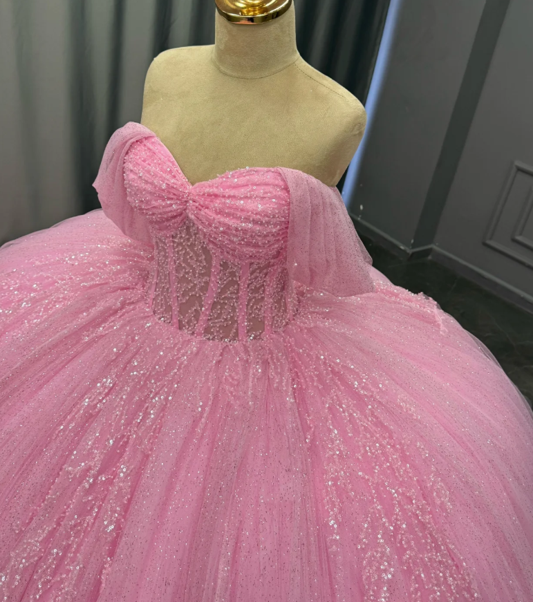 Charming Ball Gown Off-The-Shoulder Appliques Pink Tulle Sweet 16 Dress, Quinceanera Dress SH3038