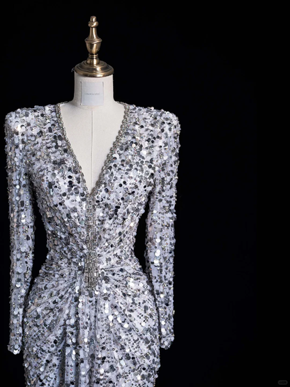 Stunning Sheath V Neck Long Sleeve Sliver Sequin Prom Dress Graduation Prom Dress SH2476