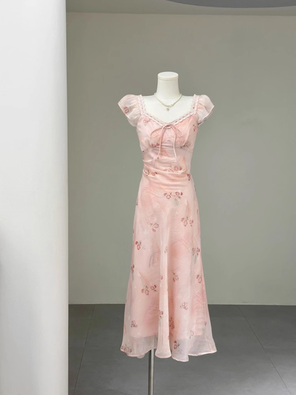 French V-Neck Pink Small Flying Sleeve Floral Dress S216