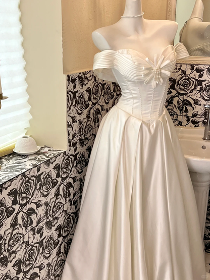 White Classy Ball Gown Off the Shoulder Pearl Satin Long Prom Dress Wedding Dress SH3857