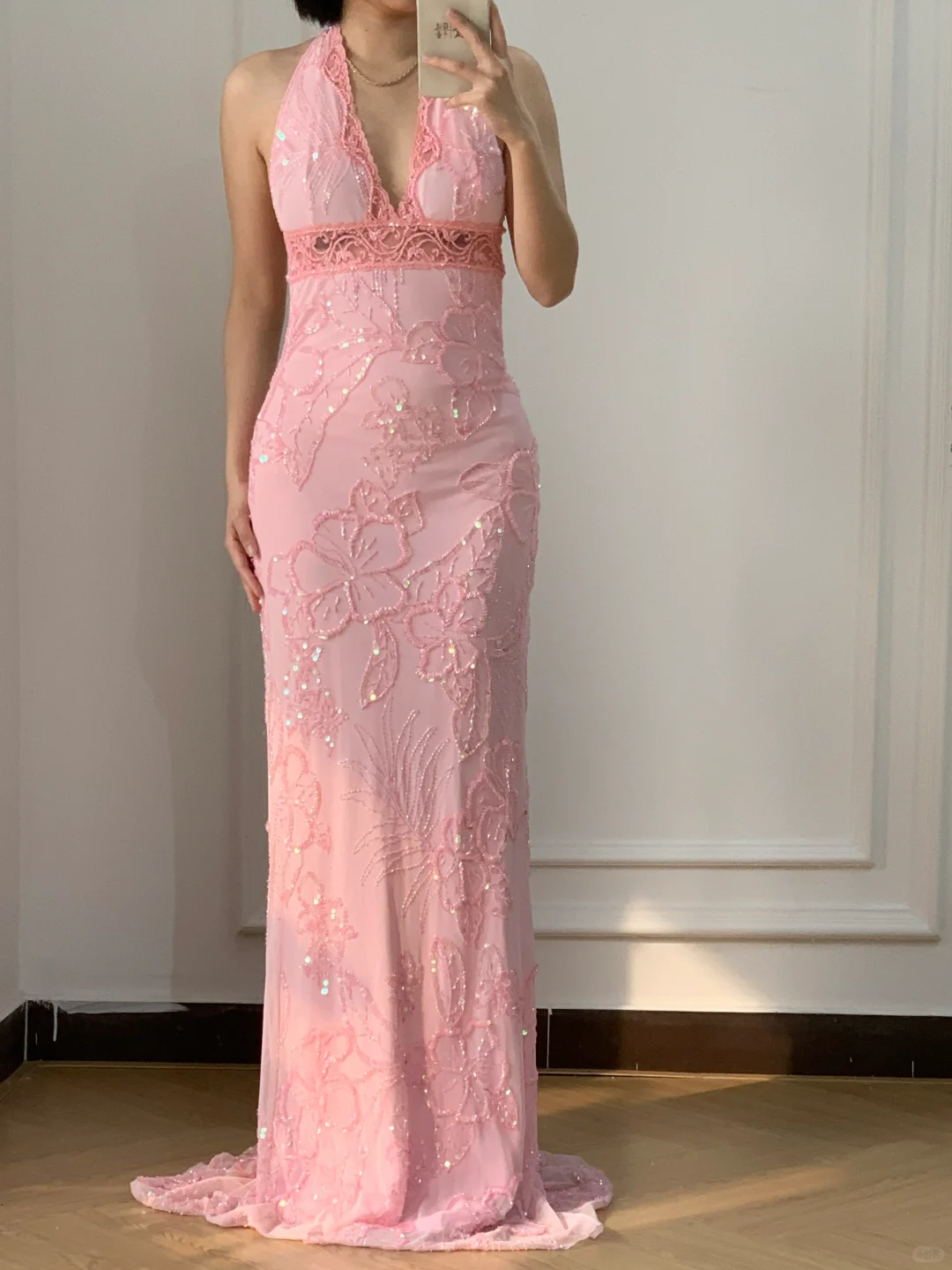 Vintage Sheath V Neck Beaded Pink Chiffon Long Prom Dress Evening Dress SH3342