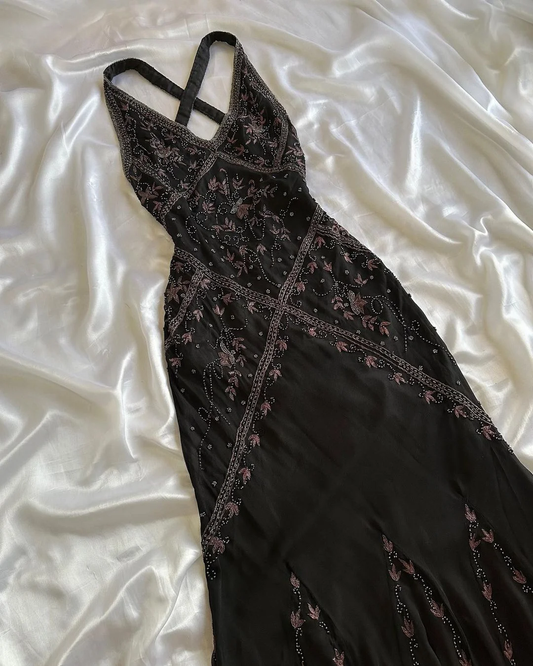 Vintage A Line V Neck Beaded Black Chiffon Open Back Prom Dress Evening Dress SH2501