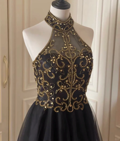 Stylish Halter Tulle Beaded A Line Homecoming Dress Black Sleeveless Birthday Dress Cocktail Dress S544