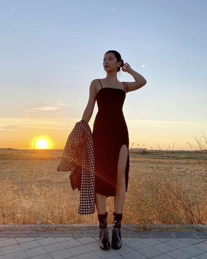 Vintage Spaghetti Strap Black Slit Party Dressï¼_ormal Prom Dress  SH687