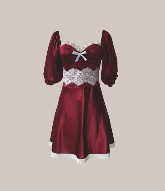 Burgundy A Line Puff White Lace Satin Short Homecoming Dress Cocktail Dress SH3689