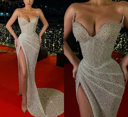 Silver shiny elegant gorgeous exquisite long sequined floor-length prom dress evening dress gh3634