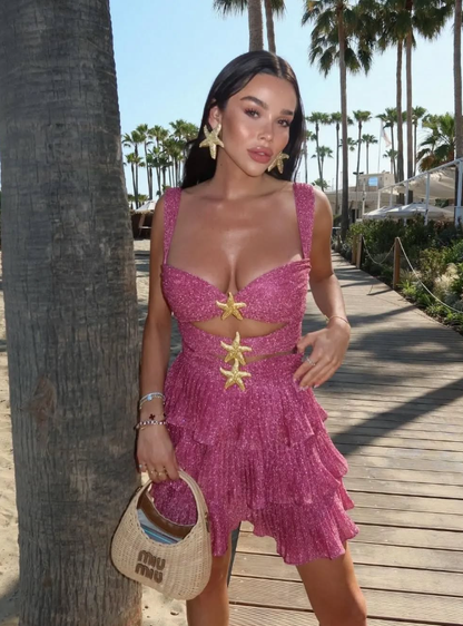 Shiny A Line Straps Tiered Hot Pink Sequin Short Homecoming Dress Outfits SH2281
