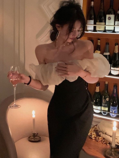 Off Shoulder Black Fashion Outfits Elegant Midi Bodycon Prom Dress  SH1220