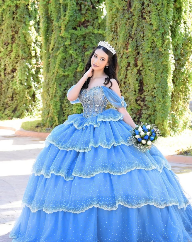 Blue Ball Gown Quinceanera Dresses Off the Shoulder Beaded Layered Tulle Sweet 16 Dress Party Gowns SH3553